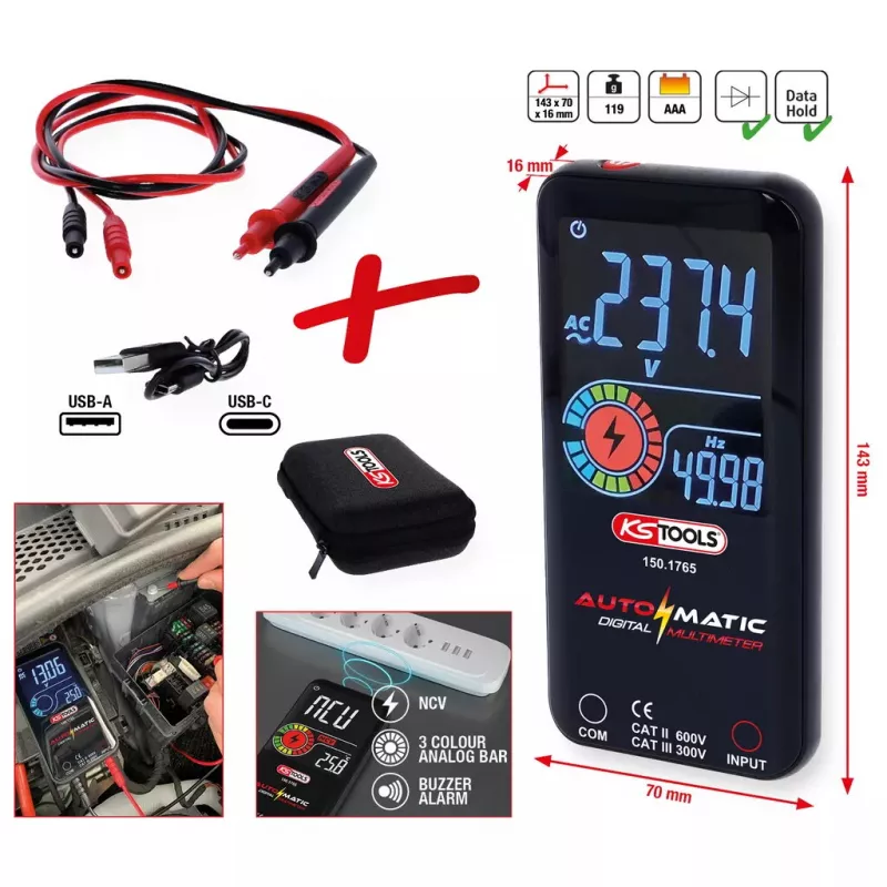KS Tools 150.1765 automatinis skaitmeninis multimetras su bandymo zondais