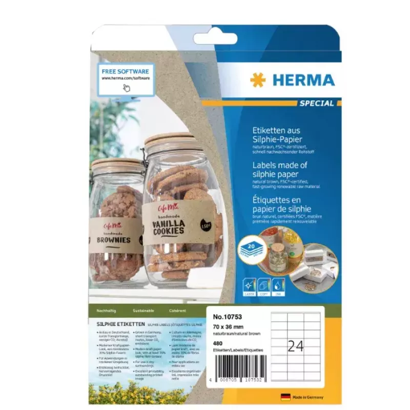 HERMA 10753 lipnios etiketės, stačiakampės, nuolatinės, rudos, 480 vnt.