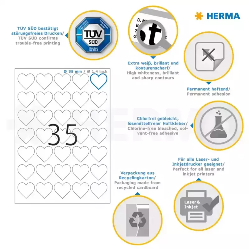 HERMA 10790 lipnios etiketės Širdelė Nuolatinės Baltos 350 vnt.