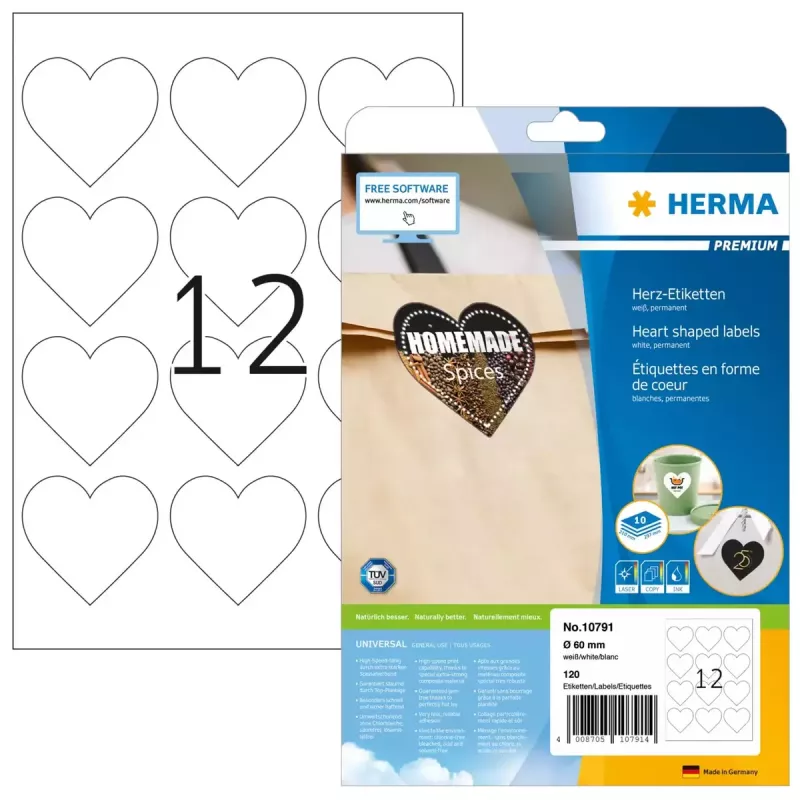 HERMA 10791 lipnios etiketės širdelės formos permanentinės baltos 120 vnt.
