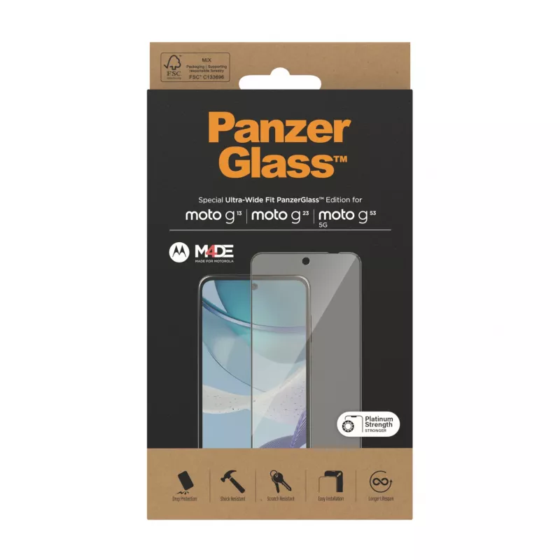Ekrano apsauga PanzerGlass Motorola moto g13 g23 g53 5G Ultra-Wide Fit, atspari įbrėžimams ir smūgiams