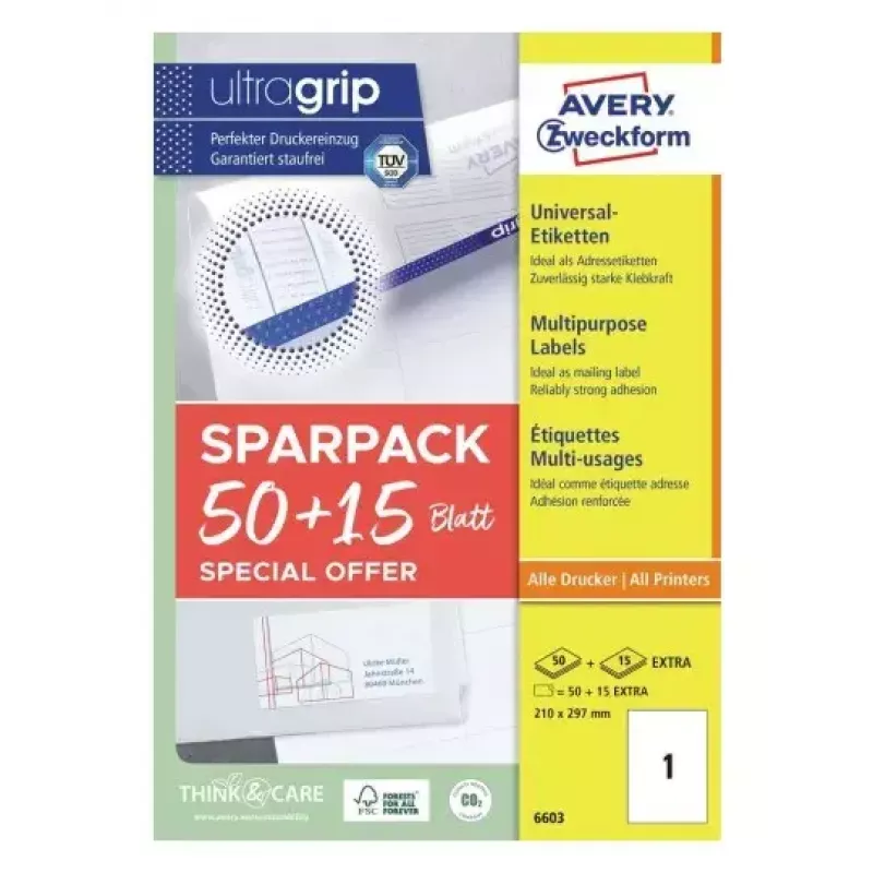 Lipnus spausdintuvo lipdukas AVERY 6603 baltas A4 21x29,7 cm 65 lipdukai