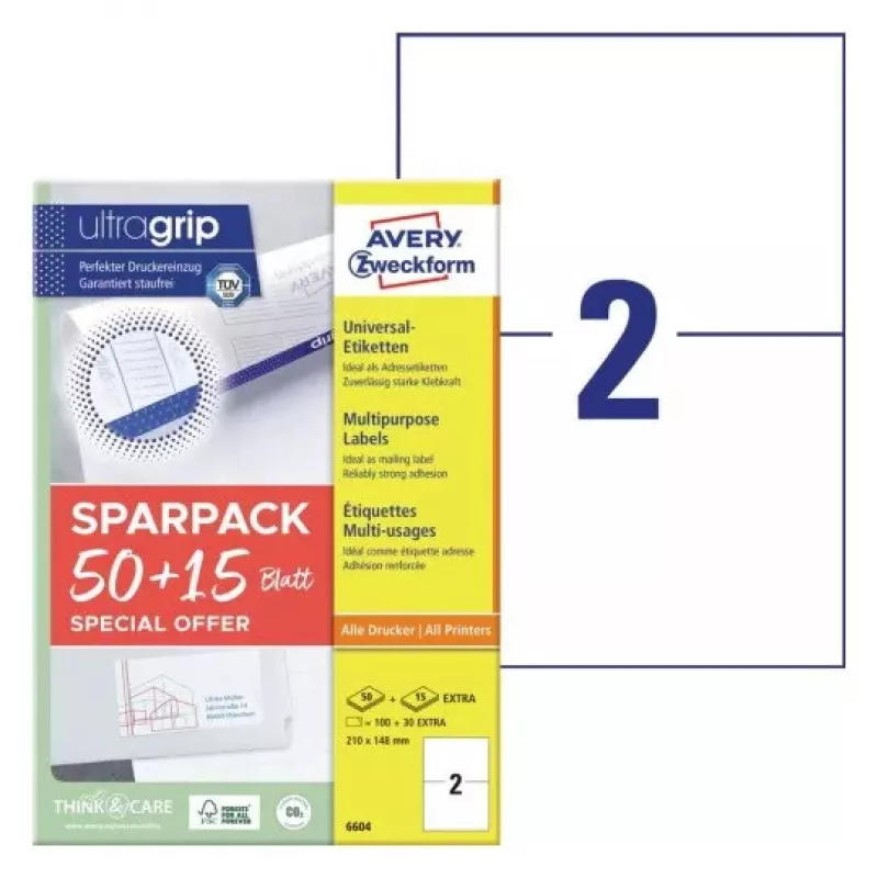 Lipnus spausdintuvo lipdukas AVERY 6604 Baltas A4 21x14,8 cm 130 lipdukų