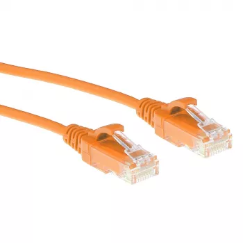 ACT oranžinis 0,25 m LSZH U/UTP CAT6 duomenų centro plonas pataisymo kabelis, be užkliūvančių apsaugų, su RJ45 jungtimis