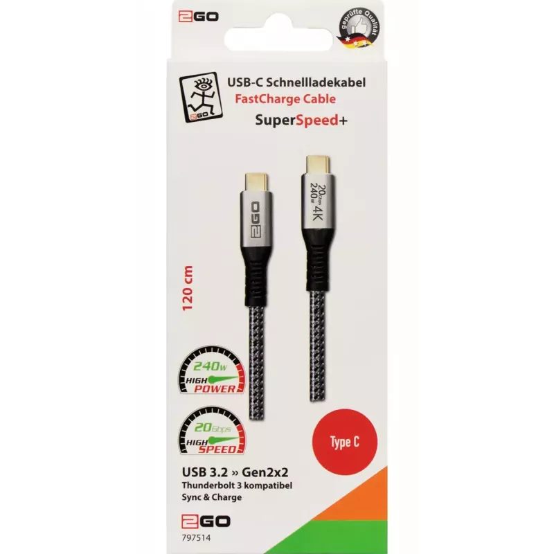 USB laidas 2GO 797514 USB 3.2 Gen 2x2 1,2 m USB C juoda sidabrinė