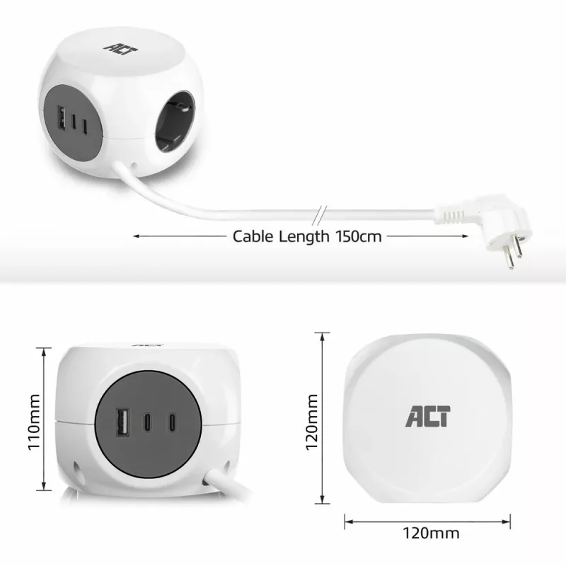 ACT AC2420 maitinimo ilgintuvas 1,5 m 3 kintamosios srovės lizdai (-ų) Vidaus Balta