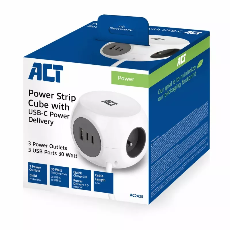 ACT AC2425 maitinimo ilgintuvas 1,5 m 3 lizdai vidaus patalpoms baltas