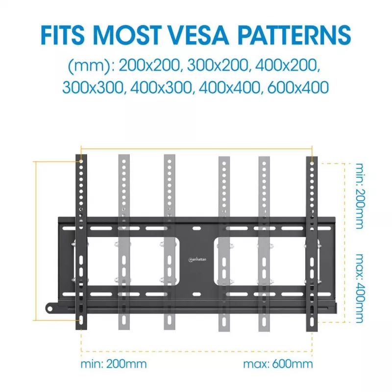 Manhattan lauko sieninis laikiklis televizoriams ir monitoriams (pasvirinamas, apsaugantis nuo vagystės), ekranams nuo 37 iki 65 colių, VESA suderinamumas: visi tarp 200x200 mm ir 600x400 mm – patikrinkite keturių tvirtinimo angų matmenis ekrano gale, kad įsitikintumėte, jog tinka, maks. 80 kg, užrakinamas, laikiklis