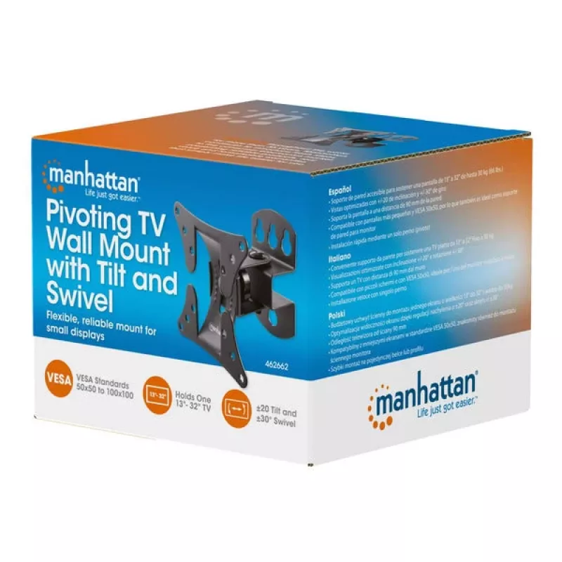 Manhattan Pivoting Wall Mount for TV & Monitors (Tilt and Swivel), For screens 13 inch to 27 inch, VESA compatibility: all between 75x75mm and 100x100mm - check the dimensions of the four mounting holes on back of screen to ensure it fits, Single Stud Bracket, Max 30kg