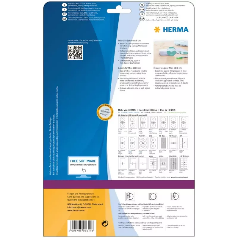 Lipnios etiketės HERMA CD Mini A4 Ø 78 mm