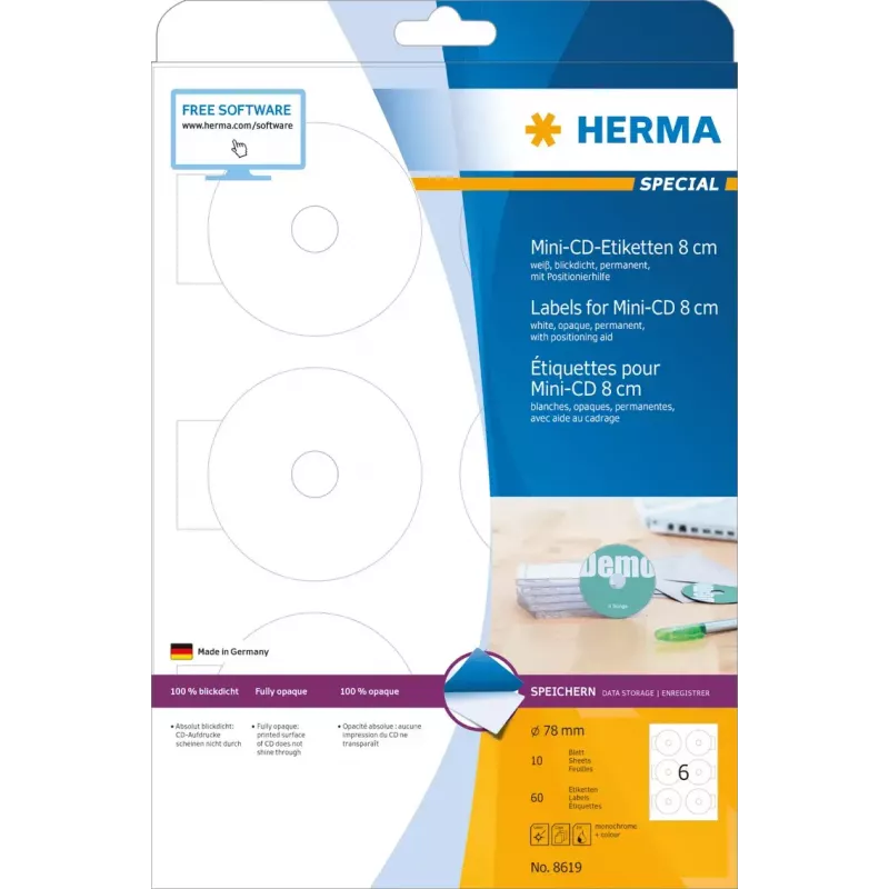 Lipnios etiketės HERMA CD Mini A4 Ø 78 mm