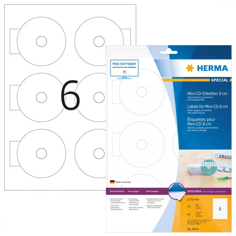 Lipnios etiketės HERMA CD Mini A4 Ø 78 mm