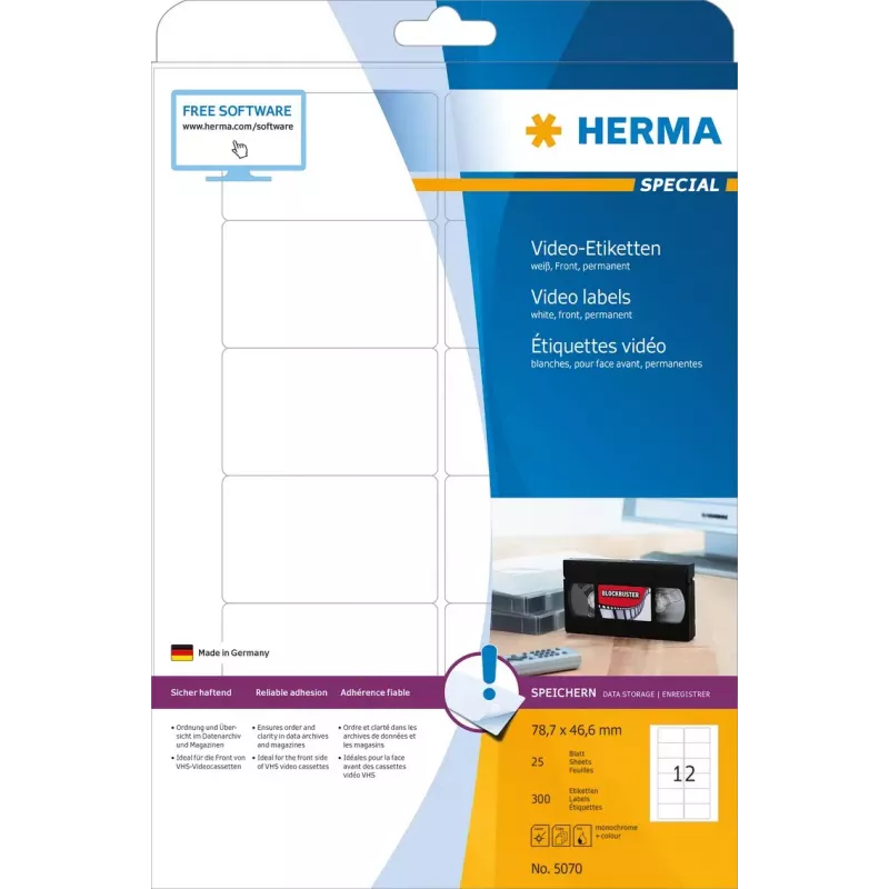 Lipnus spausdintuvo etiketės HERMA Video etiketės A4 78,7x46,6 mm