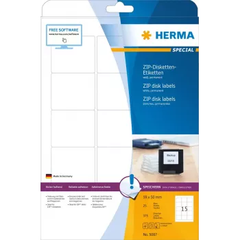 Etiketės HERMA ZIP diskeliams A4 59x50 mm baltas popierius matinis 375 vnt.