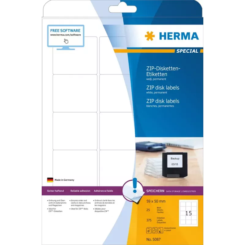 Etiketės HERMA ZIP diskeliams A4 59x50 mm baltas popierius matinis 375 vnt.