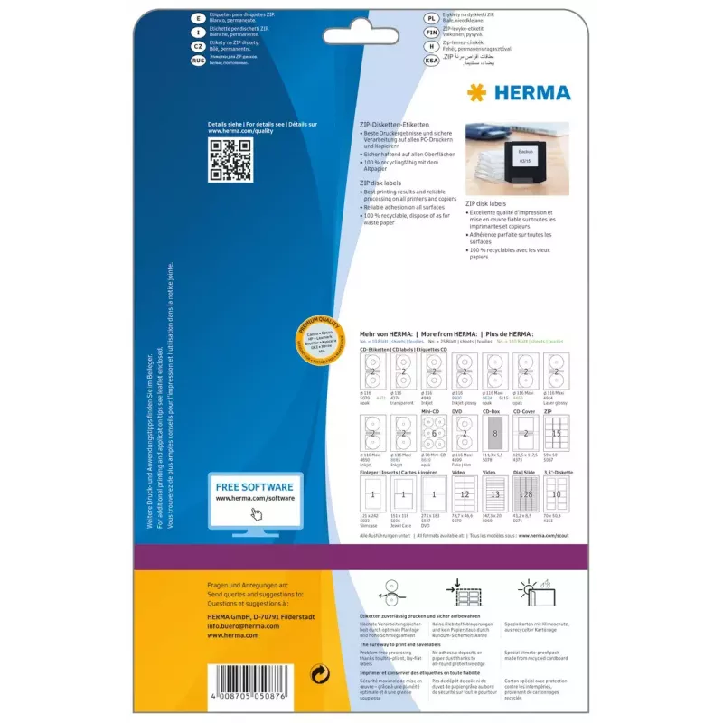 Etiketės HERMA ZIP diskeliams A4 59x50 mm baltas popierius matinis 375 vnt.