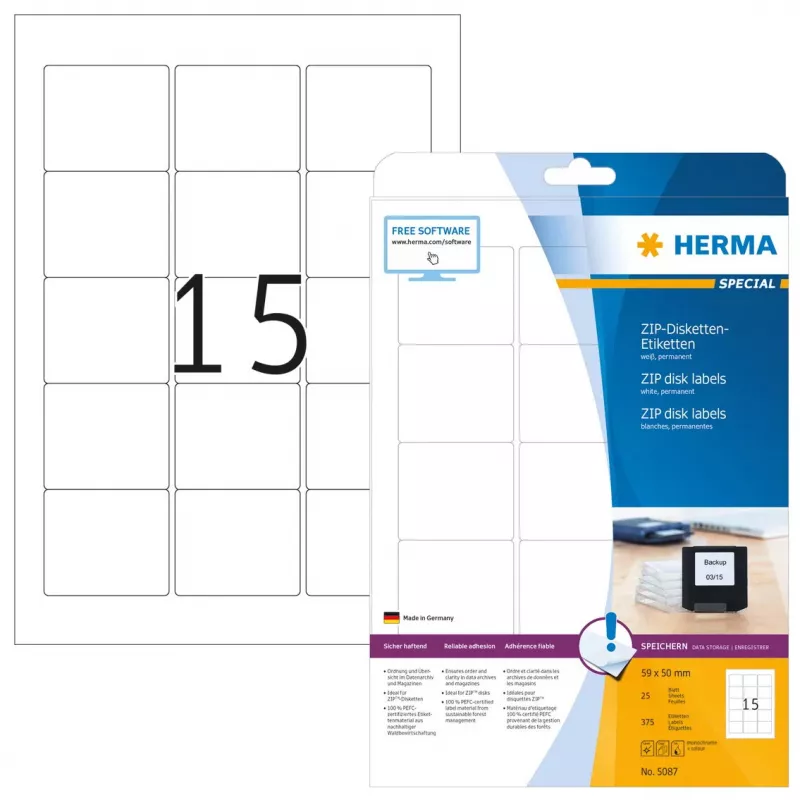 Etiketės HERMA ZIP diskeliams A4 59x50 mm baltas popierius matinis 375 vnt.