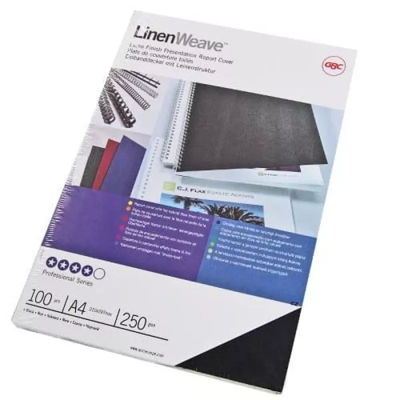 GBC LinenWeave įrišimo viršeliai 250 g/m² A4 juodi (100), A4, juoda, 100 lapų, 210 mm, 297 mm, 33 mm