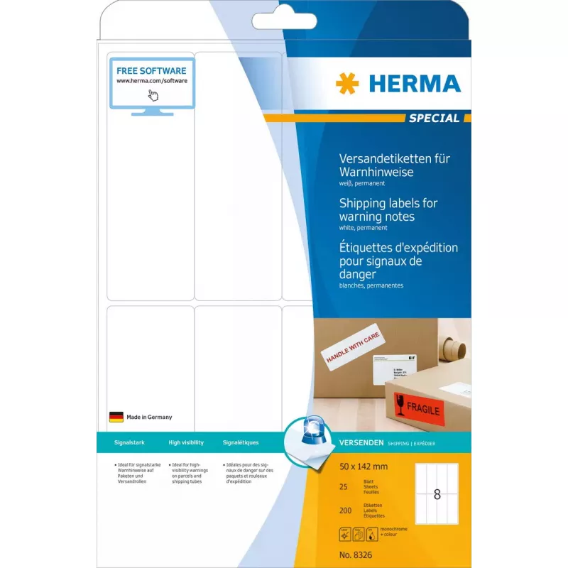 Siuntimo etikečių įspėjamojo pranešimo HERMA 8326 lipdukai