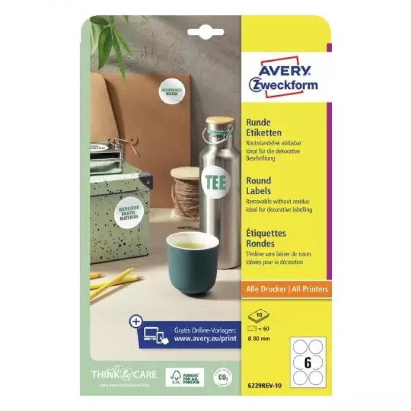 Avery 6229REV-10 lipnios etiketės Apvalios Nuimamos Baltos 60 vnt.