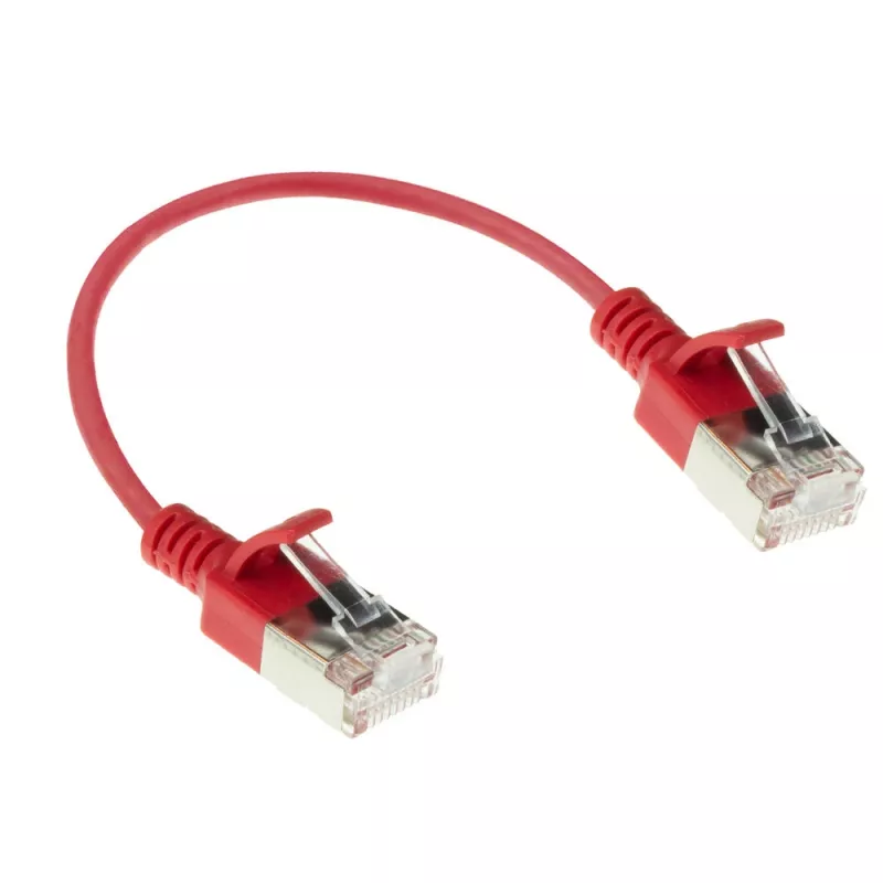 ACT raudonas 0,15 metro LSZH U/FTP CAT6A duomenų centro plonas komutacinis kabelis be užkabinimų su RJ45 jungtimis