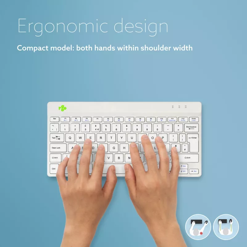 R-Go Tools ergonominė klaviatūra R-Go Compact Break, kompaktiška klaviatūra su pertraukų programine įranga, QWERTY (UK), Bluetooth, balta