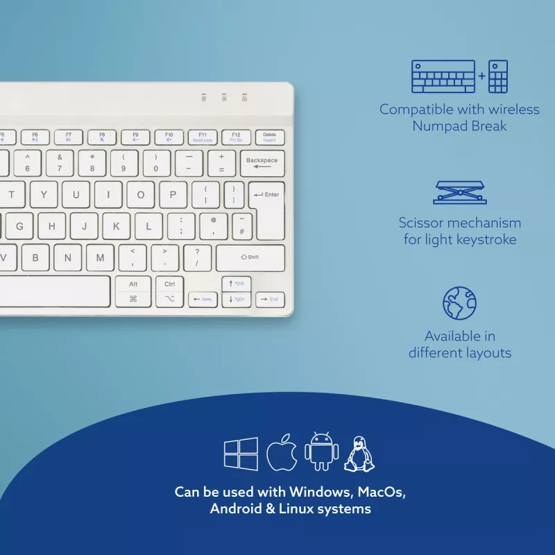 R-Go Tools ergonominė klaviatūra R-Go Compact Break, kompaktiška klaviatūra su pertraukų programine įranga, QWERTY (UK), Bluetooth, balta