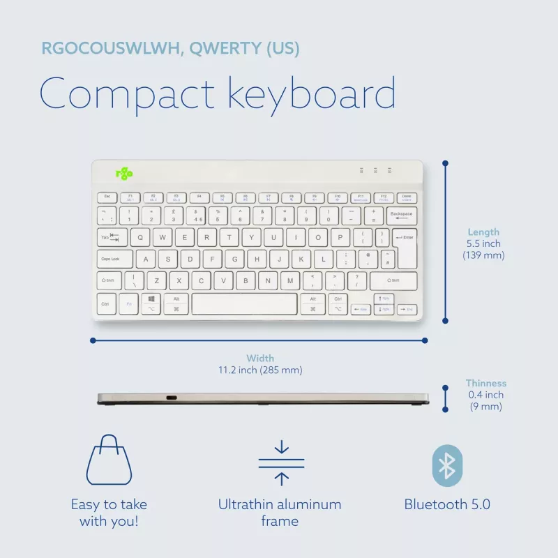 R-Go Tools ergonominė klaviatūra R-Go Compact Break, kompaktiška klaviatūra su pertraukų programine įranga, QWERTY (UK), Bluetooth, balta