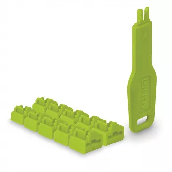 Lindy RJ45 prievadų užraktai žali, 10 vnt. + 1 raktas, prievado blokatorius + raktas, RJ-45, žalias, akrilonitrilo butadieno stireno (ABS), 10 vnt., polietileninis maišelis