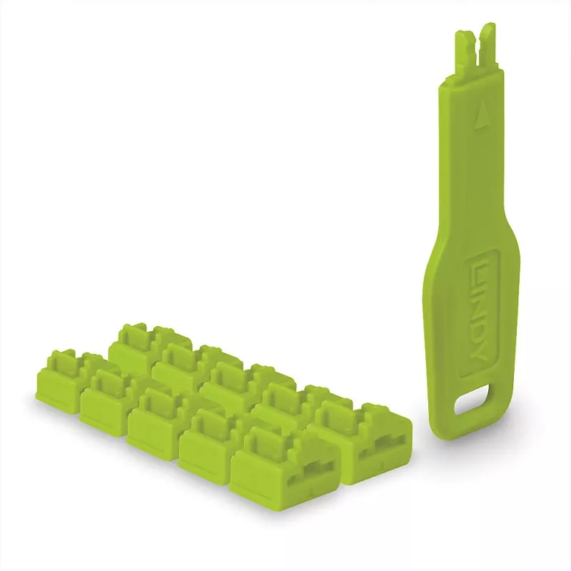 Lindy RJ45 prievadų užraktai žali, 10 vnt. + 1 raktas, prievado blokatorius + raktas, RJ-45, žalias, akrilonitrilo butadieno stireno (ABS), 10 vnt., polietileninis maišelis