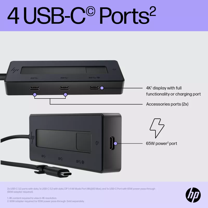 HP 4K USB-C daugiafunkcis šakotuvas, USB Type-C, USB Type-C, 10000 Mbit/s, 3840 x 2160, juoda, 65 W
