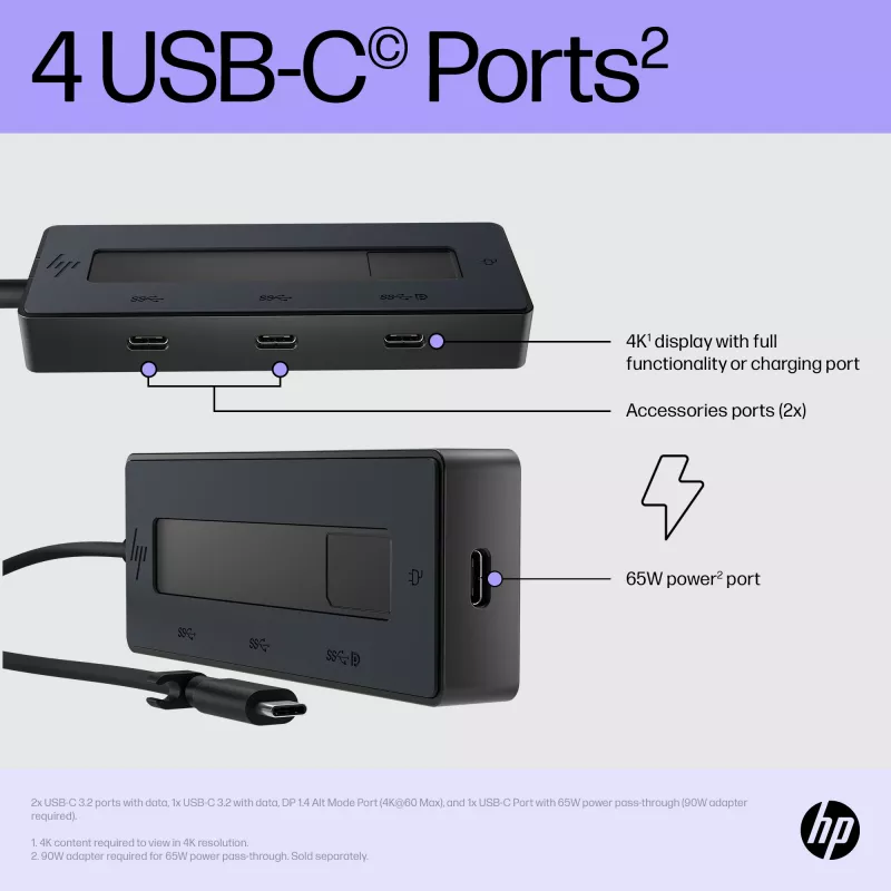 HP 4K USB-C daugiafunkcis šakotuvas, USB Type-C, USB Type-C, 10000 Mbit/s, 3840 x 2160, juoda, 65 W
