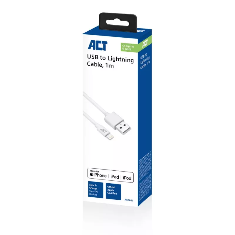 ACT USB 2.0 įkrovimo/duomenų laidas A kištukas - Lightning kištukas 1 metras, MFi sertifikuotas