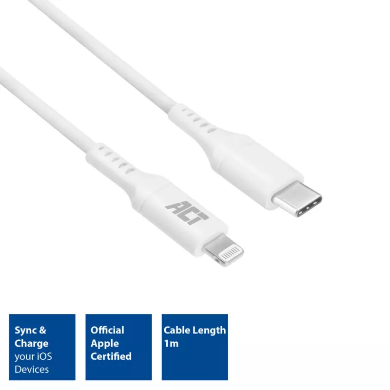 ACT USB 2.0 įkrovimo/duomenų kabelis USB-C kištukas - Lightning kištukas 1 metras, MFI sertifikuotas