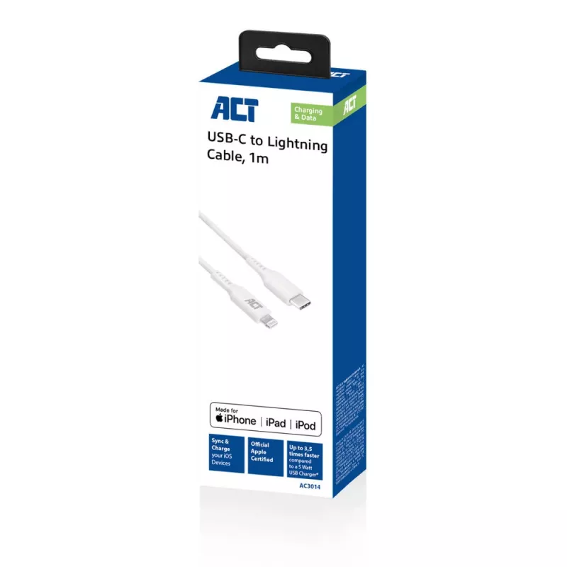 ACT USB 2.0 įkrovimo/duomenų kabelis USB-C kištukas - Lightning kištukas 1 metras, MFI sertifikuotas