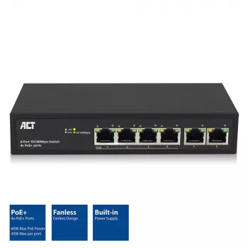 ACT 6 prievadų tinklo komutatorius, 10/100Mbps. 4x PoE+ (30W) prievadas