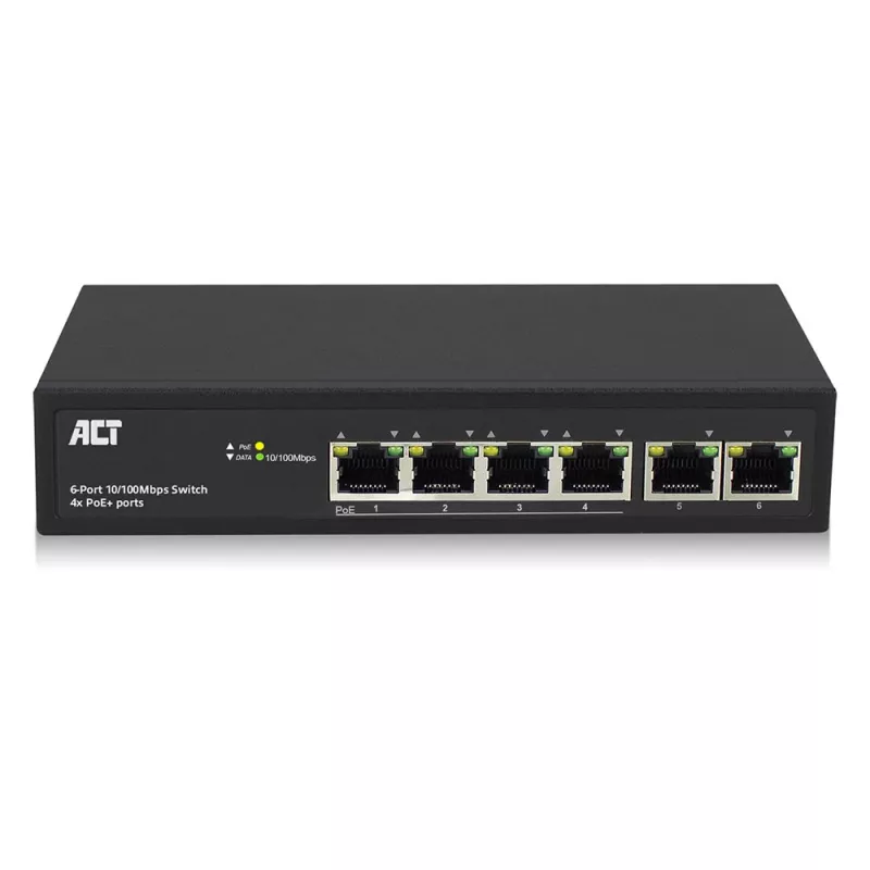 ACT 6 prievadų tinklo komutatorius, 10/100Mbps. 4x PoE+ (30W) prievadas