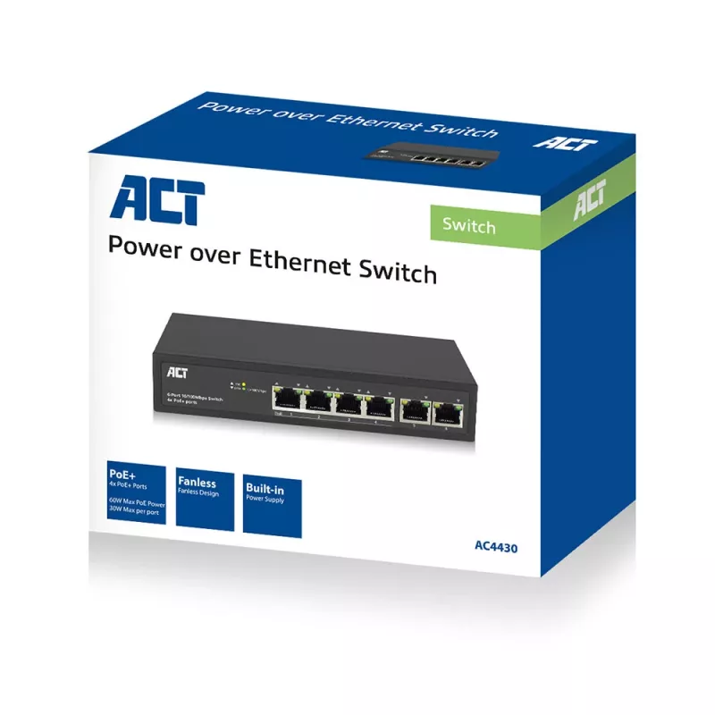 ACT 6 prievadų tinklo komutatorius, 10/100Mbps. 4x PoE+ (30W) prievadas