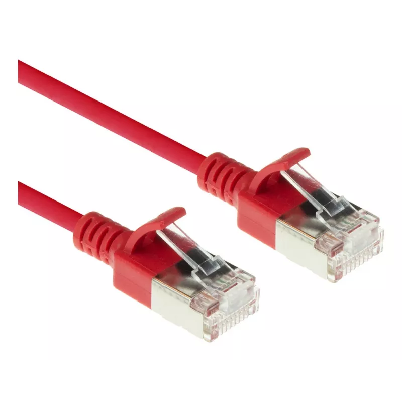 ACT raudonas 2 m LSZH U/FTP CAT6A duomenų centro plonas pataisų kabelis be užkabinimų su RJ45 jungtimis
