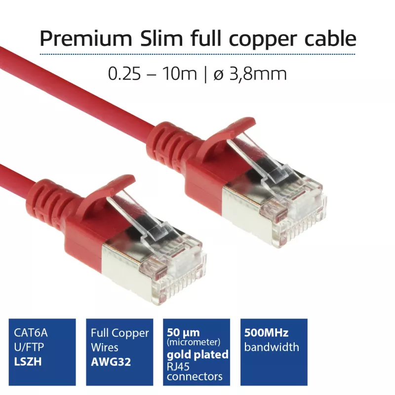 ACT raudonas 5 metrų LSZH U/FTP CAT6A duomenų centro plonas komutacinis kabelis be užkibimų su RJ45 jungtimis