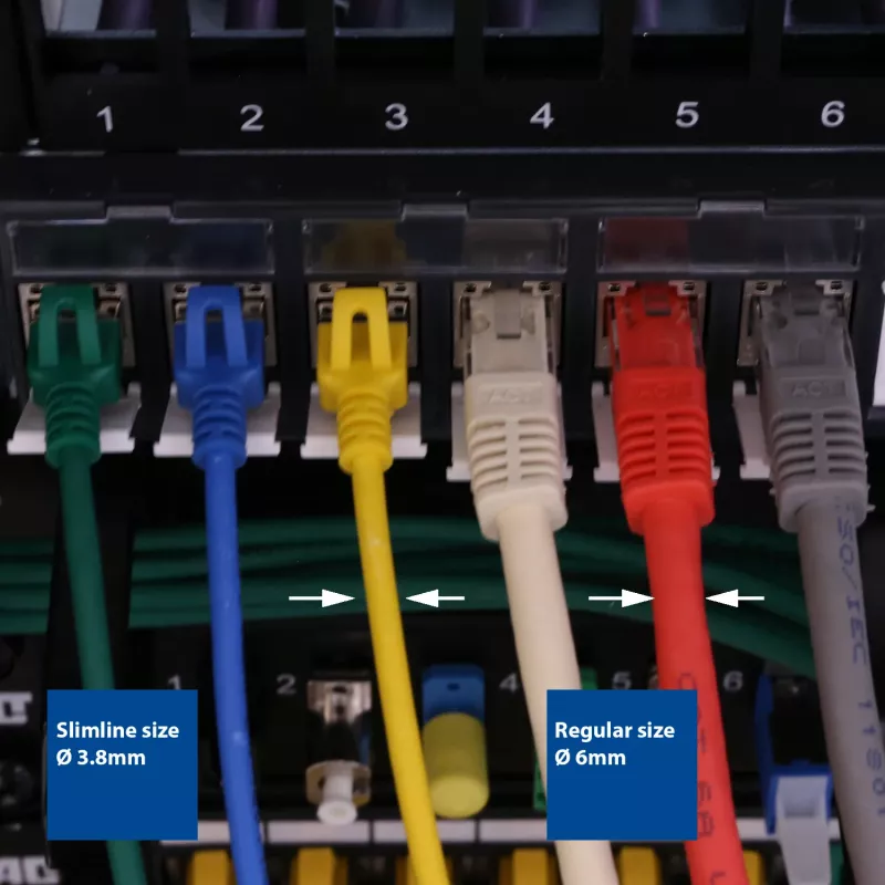 ACT mėlynas 0,25 metro LSZH U/FTP CAT6A duomenų centro plonas komutacinis kabelis, nesikabinantis, su RJ45 jungtimis
