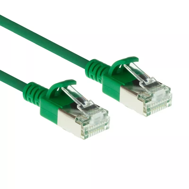 ACT žalias 0,5 metro LSZH U/FTP CAT6A duomenų centro plonas pataisų laidas be užsikabinimo su RJ45 jungtimis