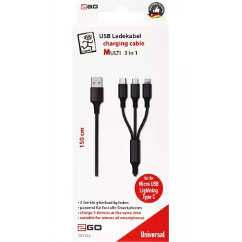 USB laidas 2GO 797153 1,5 m USB B USB C/Micro-USB B/Lightning juodas