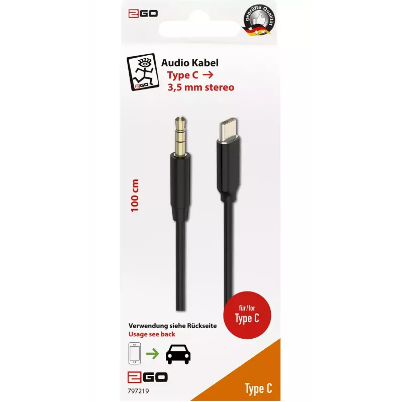 Garsinis kabelis 2GO 797219 1 m 3,5 mm USB Type-C juodas