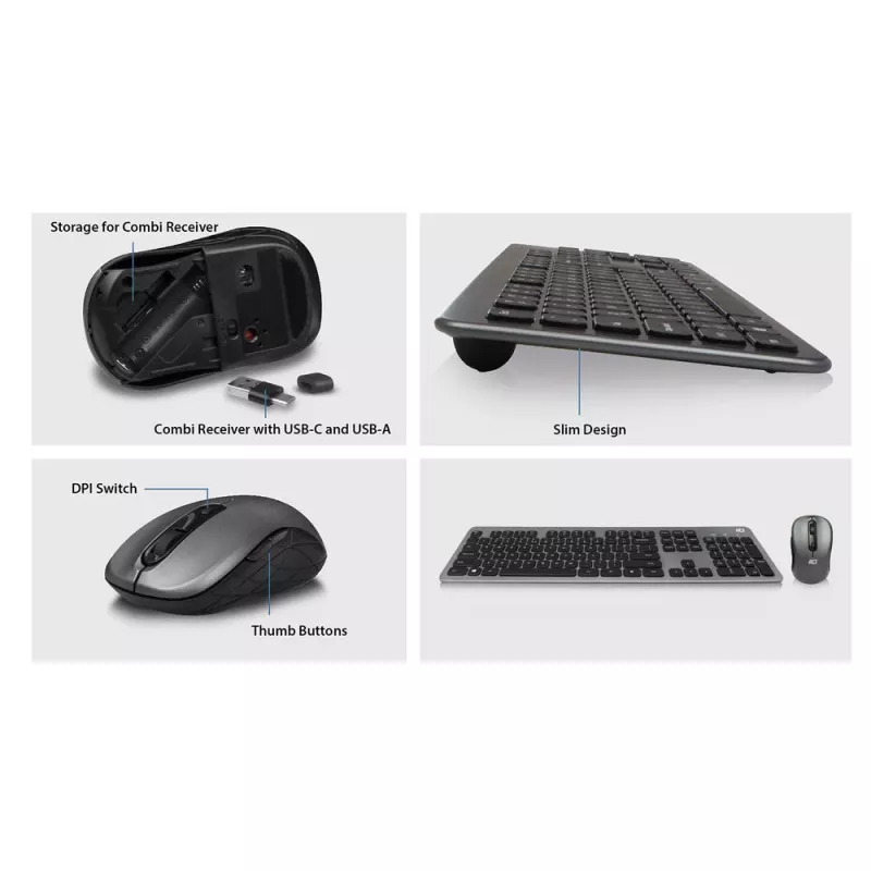 ACT belaidis klaviatūros ir pelės rinkinys, USB-C/USB-A kombinuotas imtuvas (Qwerty/JAV išdėstymas)