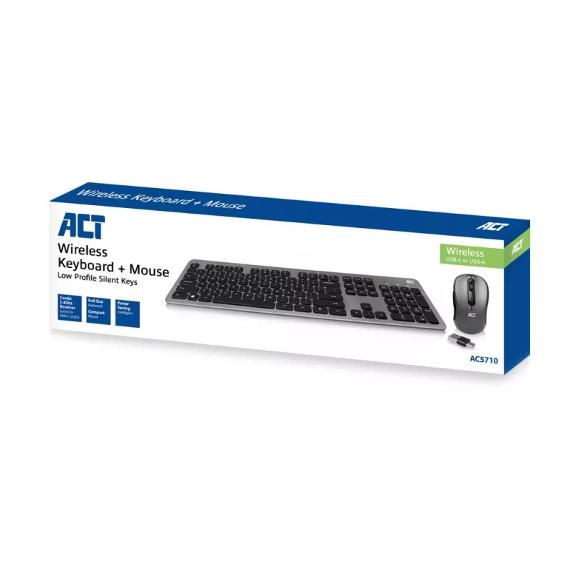 ACT belaidis klaviatūros ir pelės rinkinys, USB-C/USB-A kombinuotas imtuvas (Qwerty/JAV išdėstymas)