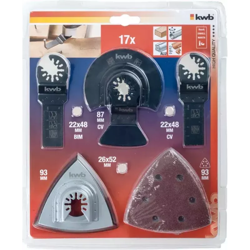 Ašmenų rinkinys kwb Universal kit 17 vnt. aliuminiui, betonui, variui, gipso kartono plokštėms, plastikui, skardai, medienai