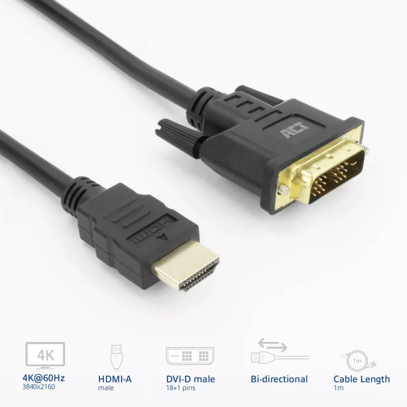 ACT AK3734 vaizdo kabelio adapteris 1 m HDMI Type A (Standard) DVI-D juodas