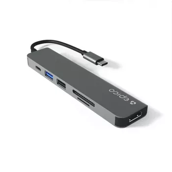 Sąsajos šakotuvas Epico 9915112100080 — USB Type-C priegloba, HDMI, USB 2.0, USB Type-C, MicroSD/SD kortelių skaitytuvas, aliuminis/TPU, pilka