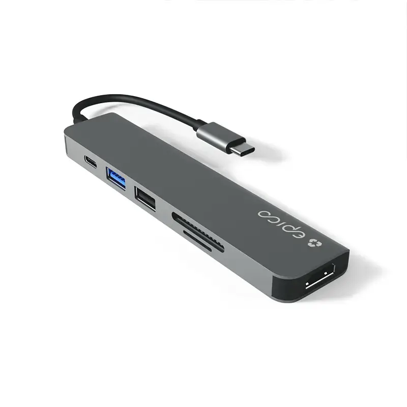 Sąsajos šakotuvas Epico 9915112100080 — USB Type-C priegloba, HDMI, USB 2.0, USB Type-C, MicroSD/SD kortelių skaitytuvas, aliuminis/TPU, pilka
